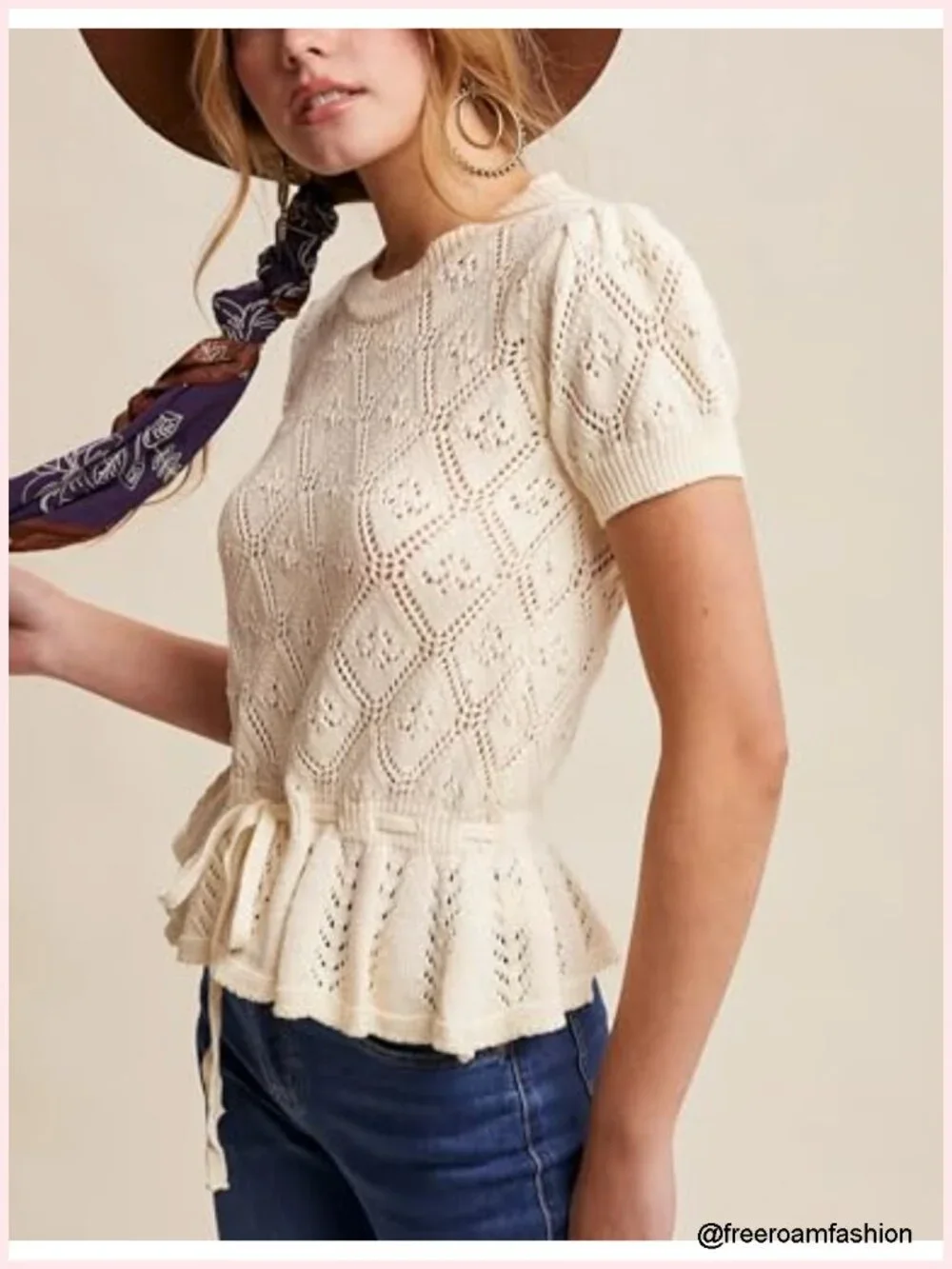 Lightweight Crochet Knit Pullover Sweater Peplum Top
